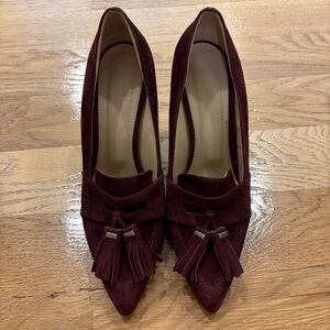 Theory Burgundy/ Maroon Suede Loafer Heels with Tassel Detail
